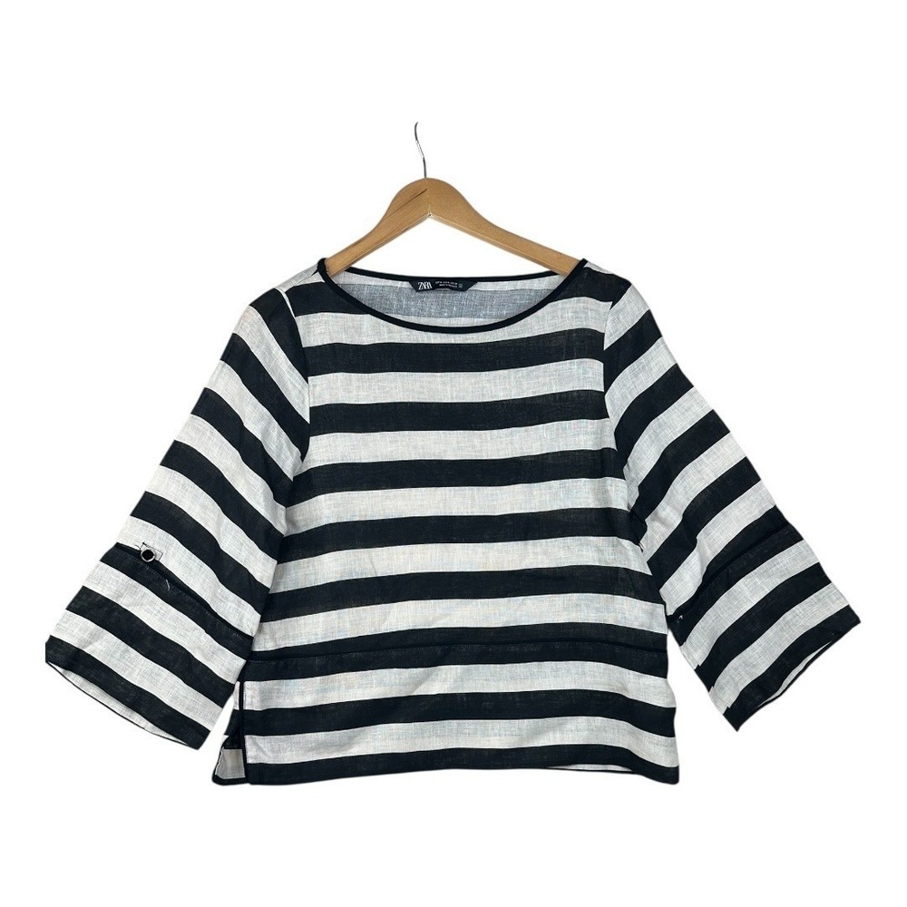Zara Black and White Striped Boatneck Blouse